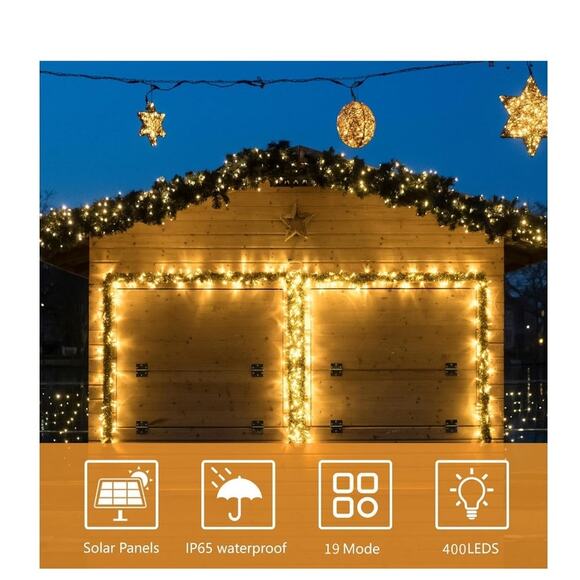 Solar String Lights 132Ft 400 LED Solar with Remote, 19 Modes Solar Warm White - Picture 3 of 7